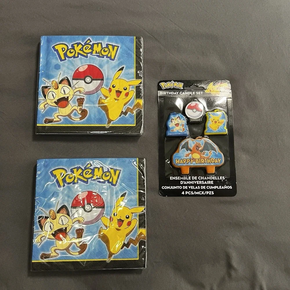 Pokémon Birthday Candles and 2 packs of Napkins with Pikachu,‎ Charizard, Meowth